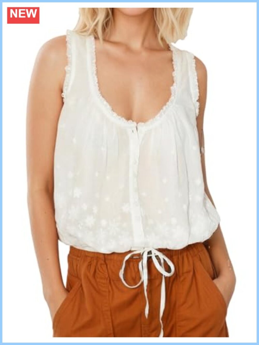 Womens Summer Boho Embroidered Tank Button Down Cami Crop Top 100% Cotton Flowy